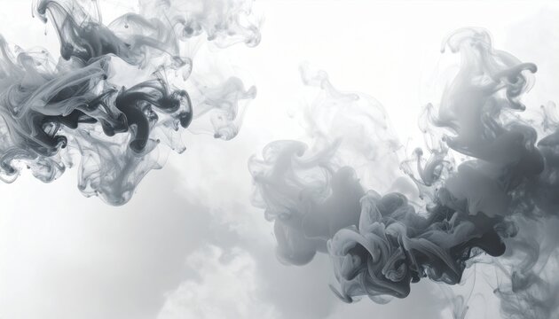 Abstract grey and black smoke swirling in white space, depicting fluid motion and ethereal design elements.