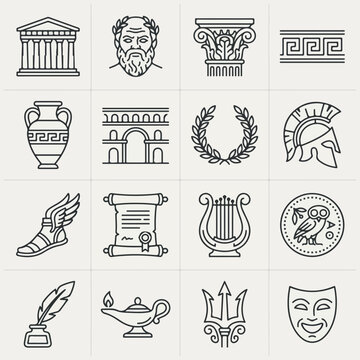 Collection of Minimalist Ancient Greek Mythology and Culture Line Icons