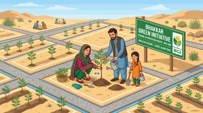 Community afforestation project planting trees in desert soil plots