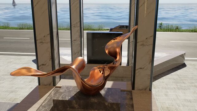 Copper sculpture of two birds in a modern building by the sea