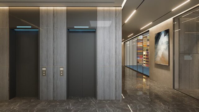 Modern elevators in a luxury building lobby