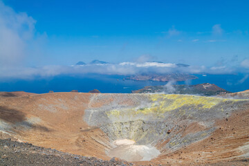 Panoramic view of the Gran Cratere della Fossa volcanic crater on Vulcano Island, Aeolian Islands, Sicily, Italy © olyasolod