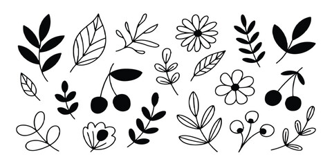 Hand drawn botanical doodle set with cute flowers leaves and cherries in black outline vector illustration. © Design House