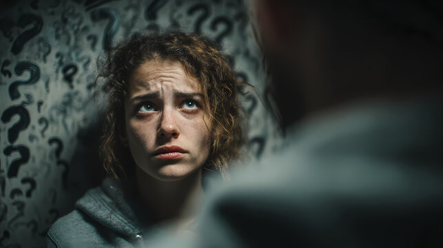 Femme craintive face aux questions, entre doute, incompr&eacute;hension et recherche de v&eacute;rit&eacute;