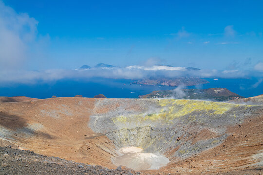 Panoramic view of the Gran Cratere della Fossa volcanic crater on Vulcano Island, Aeolian Islands, Sicily, Italy