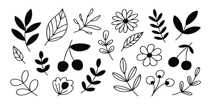 Hand drawn botanical doodle set with cute flowers leaves and cherries in black outline vector illustration.