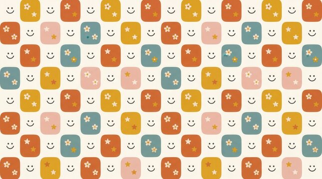 Cheerful pattern of smiley faces and colorful squares with white flowers and stars