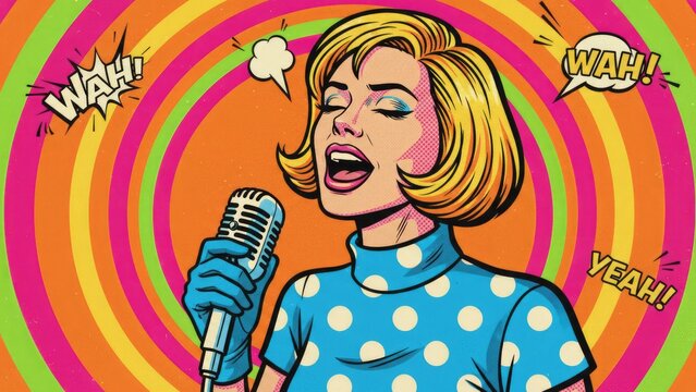 Pop art woman singing into a vintage microphone.