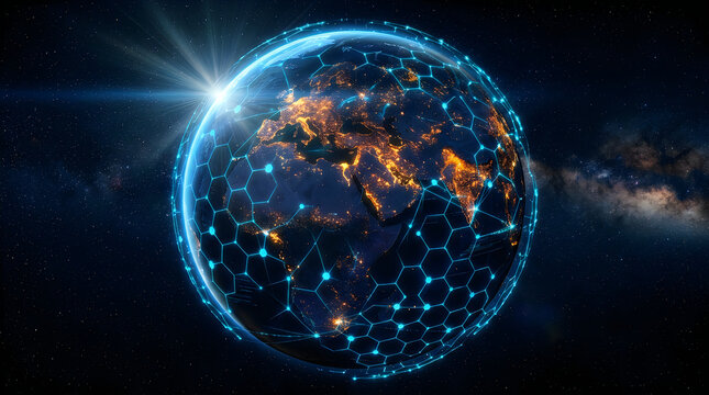 Global network connectivity earth with digital data stream overlay