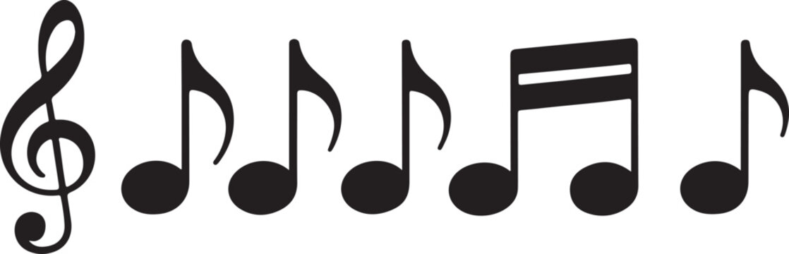 Music notes symbols in a row on transparent background
