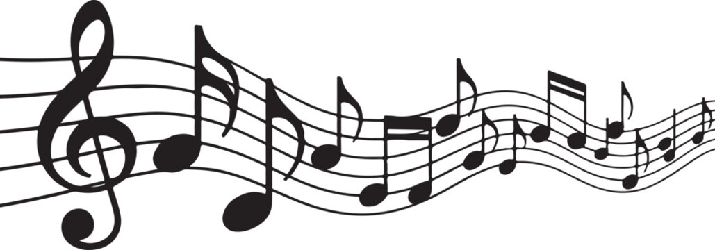 Musical notes and symbols on staves in a wavy pattern composition