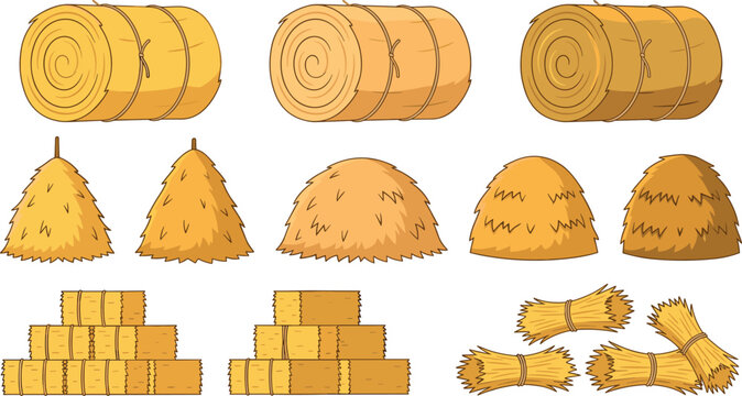 Hay Bale and Straw Stack Collection Featuring Round Bales Haystacks and Bundled Straw for Farm Agriculture Vector Illustration Set