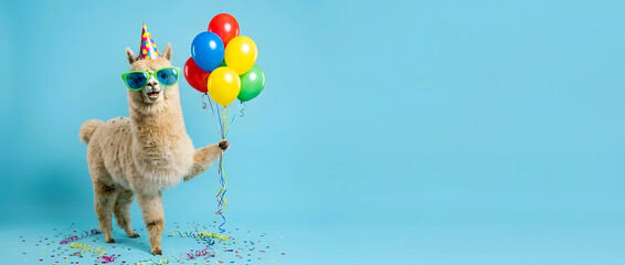 Fototapeta premium Funny llama wearing a party hat and sunglasses holding colorful balloons on a blue background