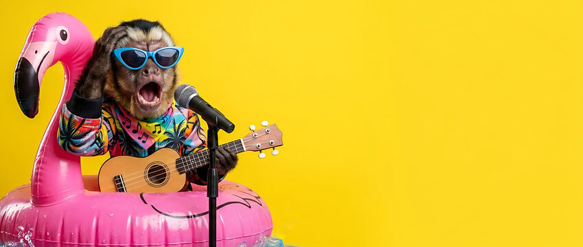Funny monkey singing with ukulele and microphone in inflatable flamingo ring on yellow background with copy space