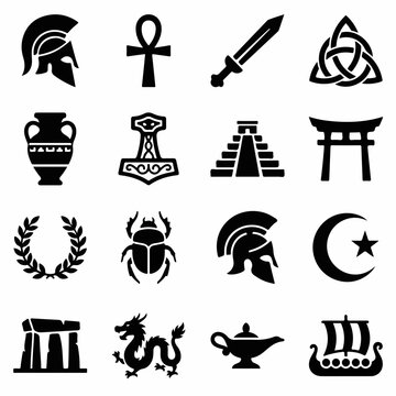 Ancient Civilization and Mythological Symbols Black Silhouette Icon Set