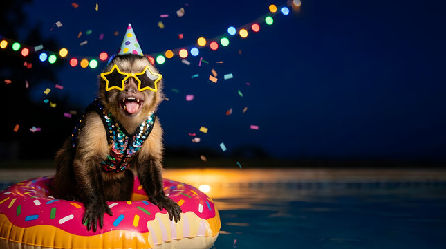 Funny monkey in party hat and star sunglasses sitting on donut float in swimming pool with confetti and fairy lights