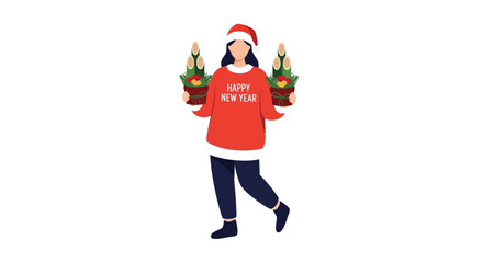 Woman carrying new year floral arrangements festive holiday illustration vector © MahiAhmed