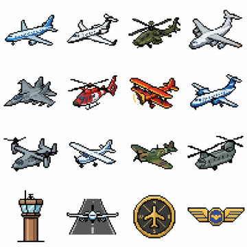 Collection of Aviation and Aircraft Pixel Art Icons