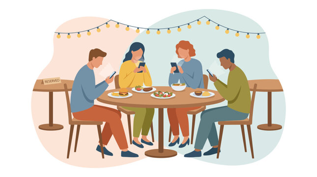 Friends ignoring each other for smartphones at a restaurant