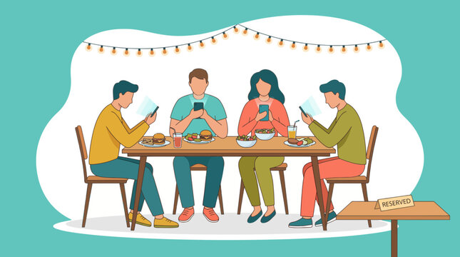 Friends using smartphones while dining at a restaurant illustration