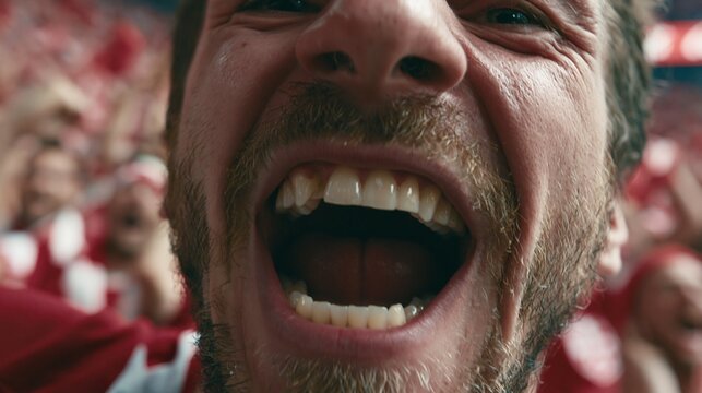 Detailed shot highlighting a soccer players front tooth peeking between open lips emphasizing the physical effort of midgame action in front of cheering fans.