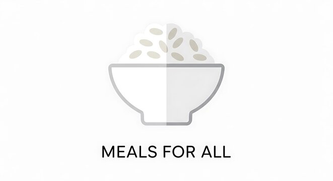 Minimalist graphic icon of rice bowl with grains and meals for all text on white background.