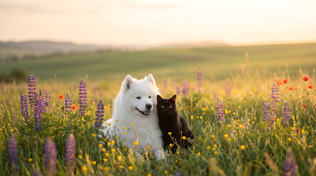 Golden retriever dog and black cat sitting together in spring flower field at sunset