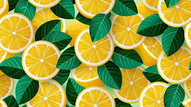 seamless lemon slice pattern with fresh citrus leaves botanical design