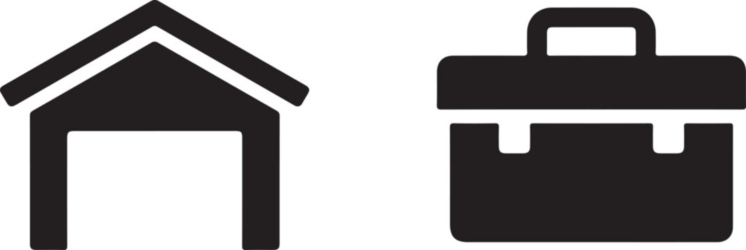 Black and white of a simple house outline and a rectangular tool box with a handle