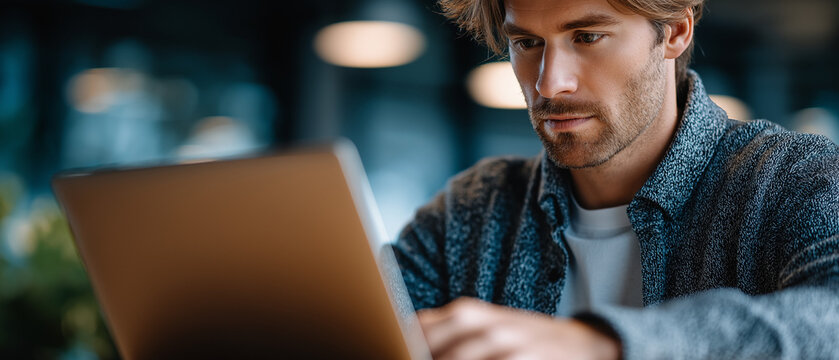 Focused Professional: A sharp, modern man intently focused on his laptop, his gaze sharp and engaged in a dimly lit, contemporary space, embodying concentration and dedication.