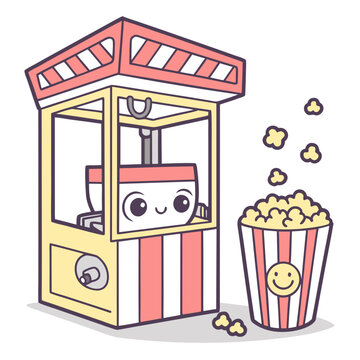 Cute popcorn machine and bucket character illustration with character, colorful