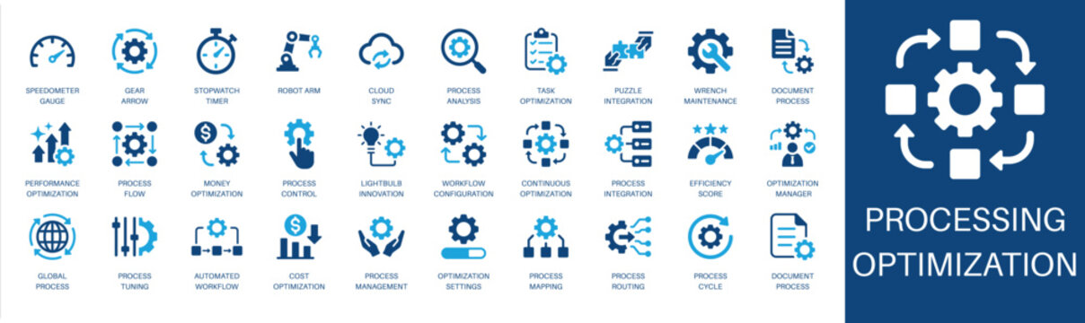 Processing and optimization solid icon set. Featuring process flow, cost optimization, process control, automated workflow, and process cycle. Editable vector glyphs for factory planning and growth.