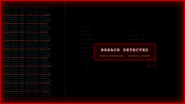 Digital data breach interface with scrolling red security alerts and warning text displaying system compromise notification for cinematic hacker sequences