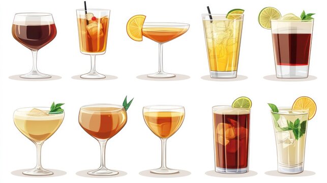 Cocktail menu, different set of classic cocktails isolated, a collection of alcoholic beverages for the menu on a white background