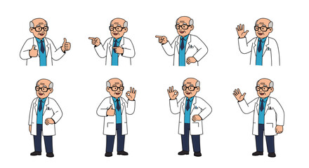 Fototapeta premium Character sheet of an elderly male doctor in a white lab coat showing different professional gestures like thumbs up and pointing at stuff.