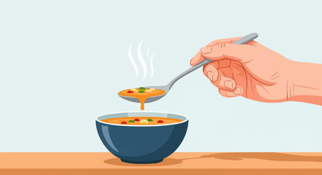 A human hand holds a silver spoon with steaming orange vegetable soup dripping back into a dark blue bowl on an orange table against a light blue background flat vector illustration.