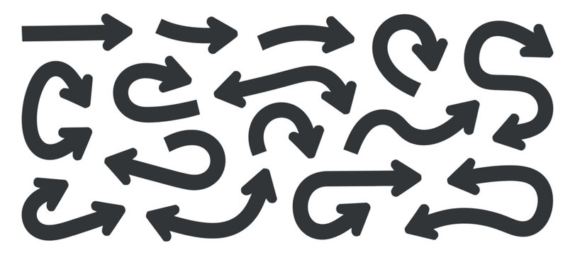 Curved arrow silhouettes with looping paths black vector illustration