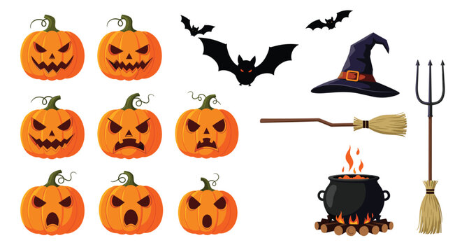 Large collection of Halloween themed assets including carved pumpkins, bats, witch hat, broomstick, and a boiling magic cauldron over fire.