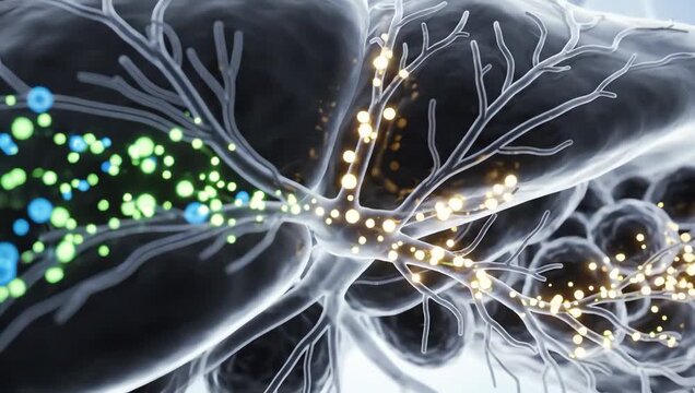 Nutrients flowing through transparent liver tissue, glowing biological particles being processed and distributed through realistic cellular pathways