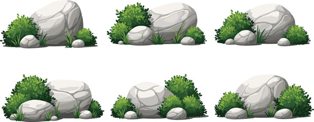 Vector Rock and Bush Set Featuring Large Grey Stones, Green Garden Shrubs, Grass Tufts, and Landscaping Elements for Game Environments and Nature Designs © Hosneara