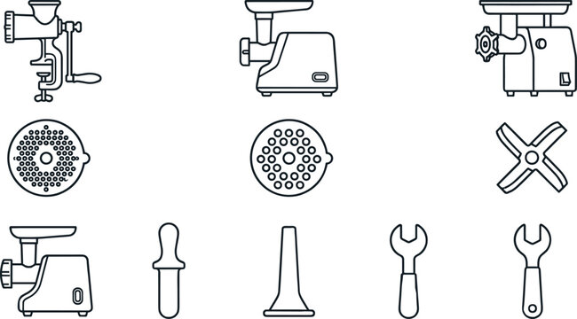 Meat Grinder and Kitchen Appliance Line Icon Set featuring Electric Mincers Manual Crank Grinders Blades and Sausage Stuffing Tube Elements vector design