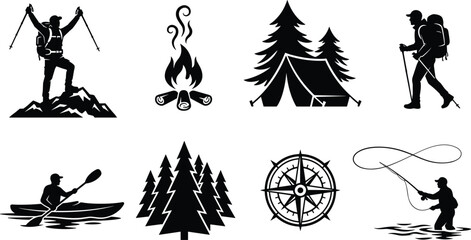 Obraz premium Outdoor adventure and camping icon set with hiking, fly fishing, kayaking, campfire, tent, pine forest, and compass silhouettes2. Keywords