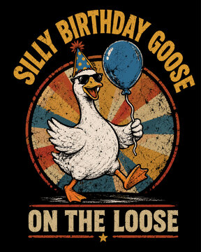 Silly Birthday Goose Vintage Vector Illustration with Party Hat and Retro Badge Design
