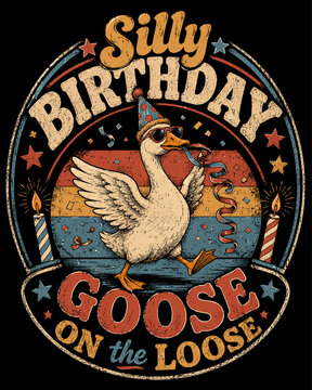 Vintage Silly Birthday Goose Vector T-Shirt Design with Balloon and Retro Sunburst