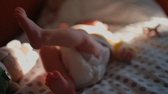 Adorable newborn baby boy wearing a diaper lying on his back in a cozy bed, playfully kicking his tiny feet and legs while bathed in the warm morning sunlight streaming through the window