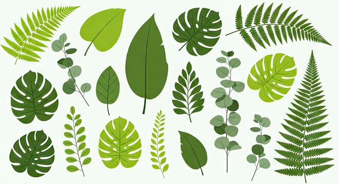 Tropical green leaves collection with monstera palm and fern.