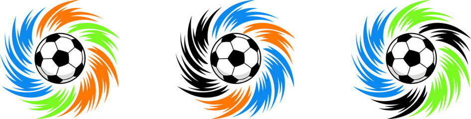 Naklejka premium Three vibrant soccer logo concepts with dynamic swirls ideal for sports teams and tournaments