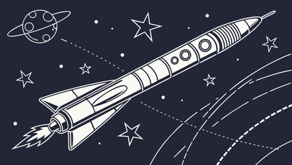 Retro rocket ship launching into outer space line art illustration with universe © bali