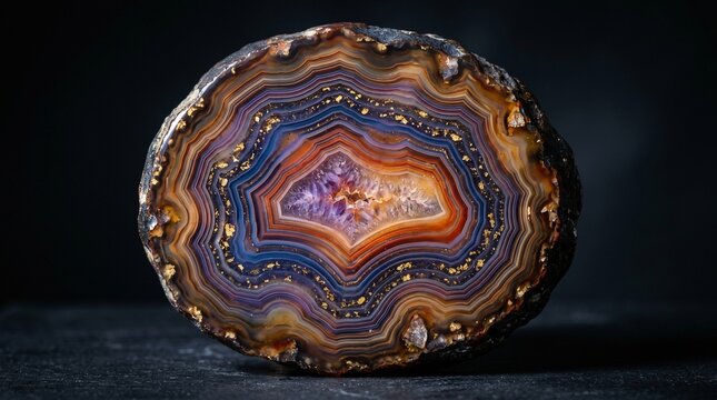 Whole banded agate geode with sparkling amethyst center, showcasing unique concentric layers of vibrant colors in earthy tones against dark background.