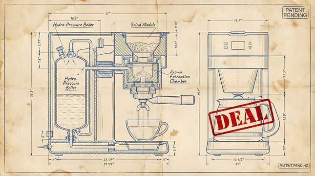 Vintage Coffee Machine Technical Blueprint with Red Deal Stamp on Aged Paper